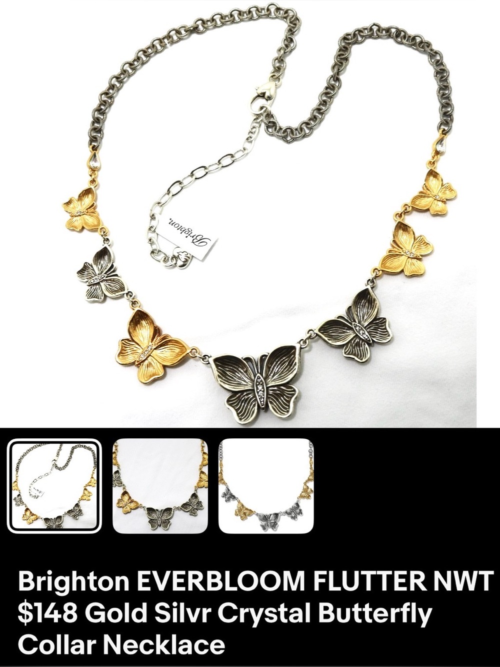 🦋NWT Brighton EVERBLOOM FLUTTER GOLD SLVR Crystal Butterfly Collar Necklace $148